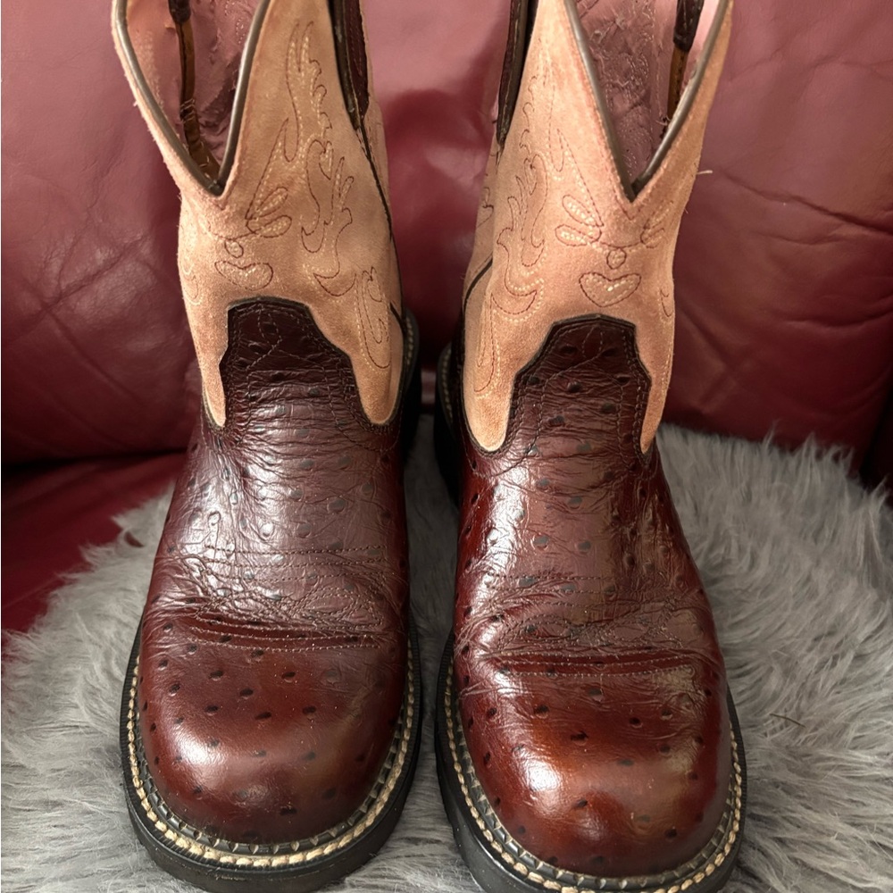 Ladies Ariat Ostrich Print  Brown Leather Western Boots Pink Suede 10 B Nice